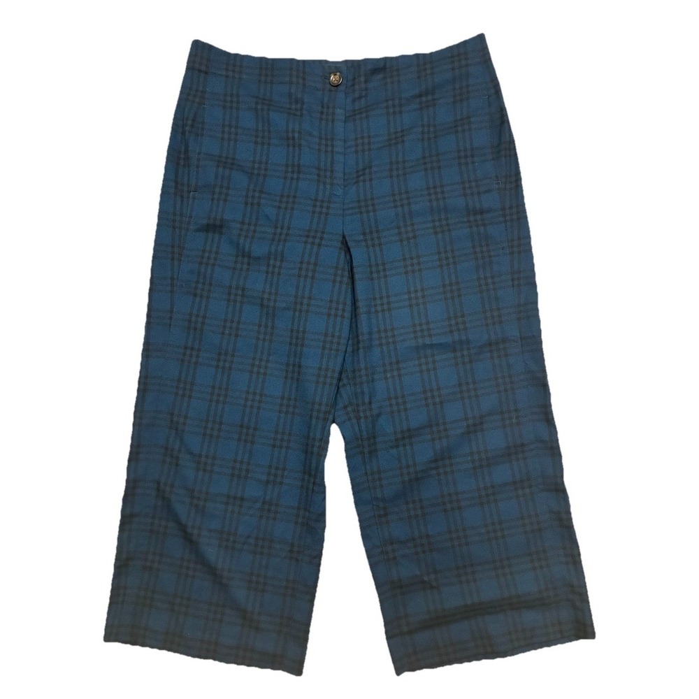 Ann Taylor Pants Women's 18 Green Black Check Wide Leg Cropped Office Academia
